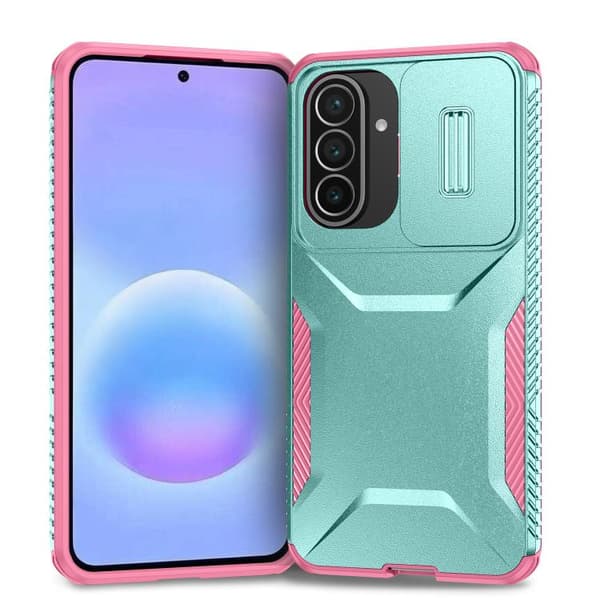 Etui til Samsung Galaxy A56, støtsikkert beskyttelsesetui med skyvbart linsedeksel (cyan)