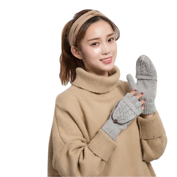 Kvinner Varme Hansker Høst Vinter Knitting Hemp Flower Flip Fingerless Mitten Beige