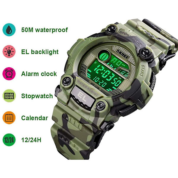 Pojkar Camouflage Led Sport Barnklocka Watch Digital Elektronisk Militär Armbandsur För Barn Med Lumin
