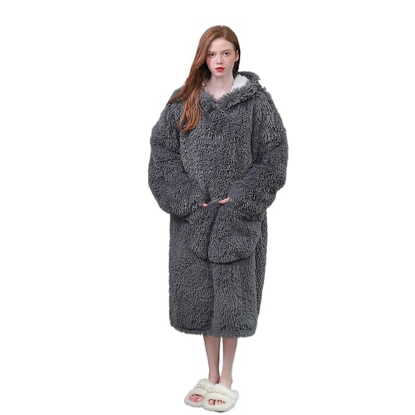 Pullover med huva i plysch, tjock och varm hemmakläder Grey