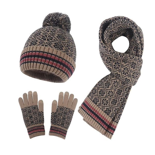 Snefnug Print Beanie Hat Halstørklær Touch Screen Handsker Sæt med Pom til Kvinder Khaki