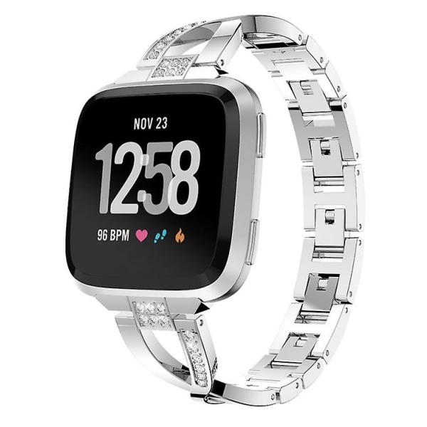 X-formet diamantbesat urbånd i massivt rustfrit stål til Fitbit Versa Lite Silver