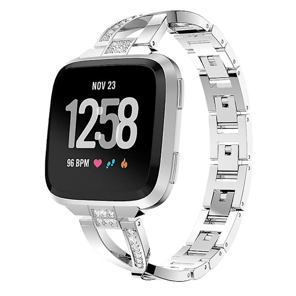 X-formet diamantbesatt solid klokkerem i rustfritt stål for Fitbit Versa Lite Silver