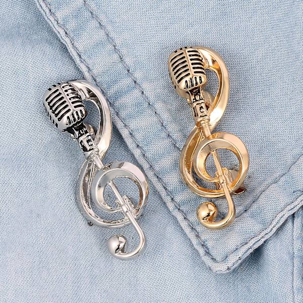 Mikrofon Broscher Utsökt musik Note Emalj Pin Guld Silver Lapel Pins Dekor Silver