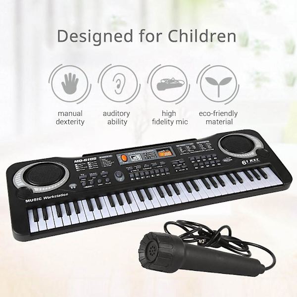 61 tangenter Elektronisk Orgel Usb Digital Keyboard Klaver Musikinstrument Børnelegetøj med mikrofon Black