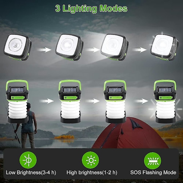 Hopfällbar Camping Lykta Sol USB Laddningsbar Camping Lampa 3 Ljuslägen LED Ficklampa För Vandring Nödläge green