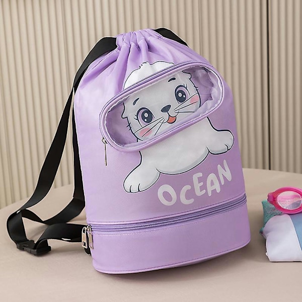 Cartoon Large-capacity Swimming Bag Backpack-style Beam Mouth Storage Bag Fitness Out Wash Bag Dry And Wet Separation Backpack Purple