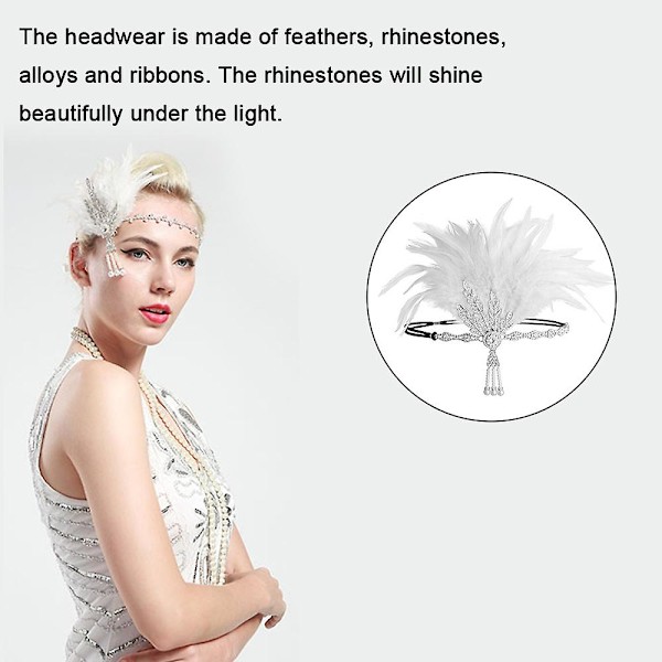 Art Deco Klaff Blad Bröllopsbröllop Pearl Headpiece med fjädrar White