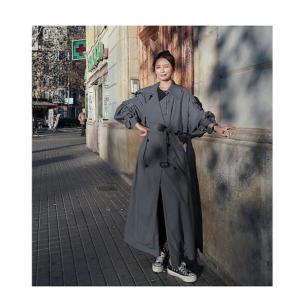 Trenchcoat för kvinnor Lös oversize lång jacka Dubbelknäppt bälte Dammantel Grå vindjacka Gray L