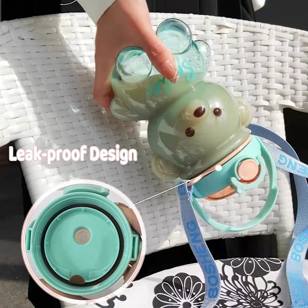 Bear vesipullo oljella, Kawaii vuotamaton vesikannu säädettävällä olkahihnalla retkeilymatkoille Blue 1400ml