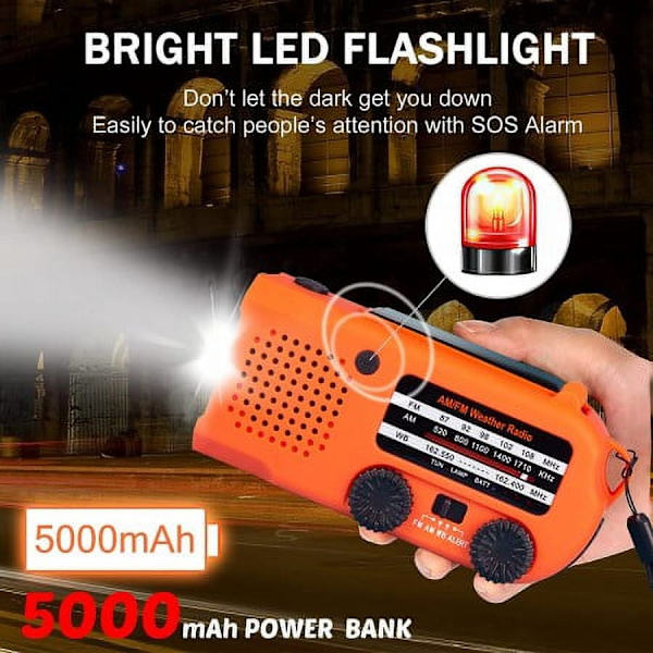 Solar Emergency Hand Crank Radio 5000mAh, med læselampe, LED lommelygte, SOS Alarm