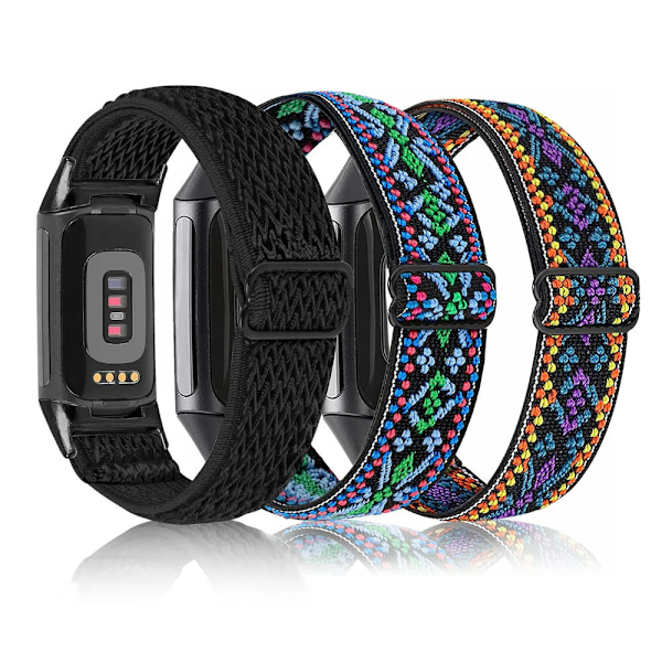 3 stk elastiske bånd som passer til Fitbit Charge 5, erstatningsarmbånd i stretch flettet nylon sportsrem kompatibel med Fitbit Charge 5 for kvinner og menn