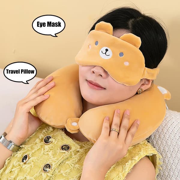 Resekudde i Memory Foam för Barn med Sovmask (brun björn)