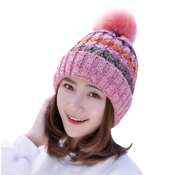 Dame Vinter Varm Strikket Lue Hette Skjerf Pom Pom Lue Hette Wine Red
