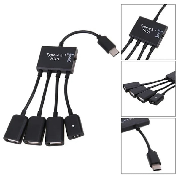 Feylan Type-C 3.1 4-in-1 Micro USB -keskitin OTG-kaapeli jatkopala sovitin Android Samsung -tabletille virtalähteellä Black