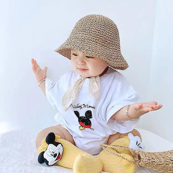 Casual Cute Kids Bucket Hat Straw Fisherman Lace Cap Solafvisende hat Khaki