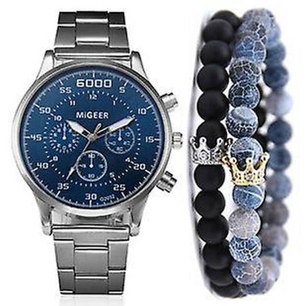Stort urskive kalender skala frostet bælte quartz armbåndsur krone armbånd 3stk/sæt Brown suit