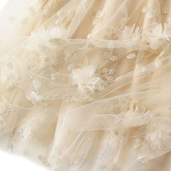 Langt tyl tutu nederdel til kvinder 3d blomsterbroderi ensfarvet højtaljet mesh midi swingnederdel Beige