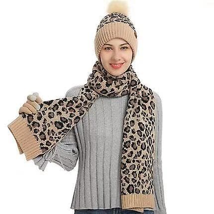 Winter Warm Knit Beanie Hat Scarf Set Touchscreen hansker for kvinner Khaki