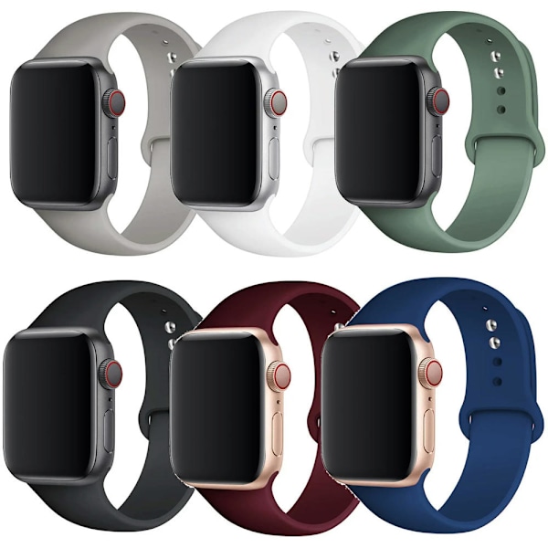 6-pakning silikonreimer for Apple Watch-reimer 40mm 38mm 44mm 42mm 41mm 45mm Dame Menn, Myk Silikon Vanntett Sportreim Erstatningsarmbånd