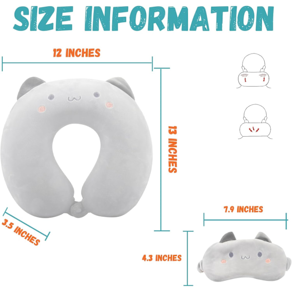 Resekudde i memory foam för barn med sovmask (Katt)