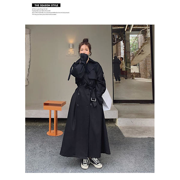 Trenchcoat för kvinnor Lös oversize lång jacka Dubbelknäppt bälte Dammantel Grå vindjacka Black L