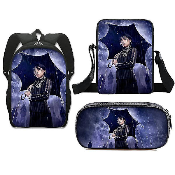 3stk Wednesday Addams Ryggsekk Vesker The Addams Family Skoleveske Pennal Skuldersekk Sett for Barn Gutter Jenter C