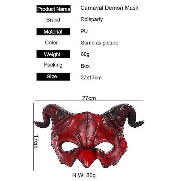 Demon Mask Halloween Maskerad Skum Mask Läskig Halv Ansikte Horn Djävul Mask RED