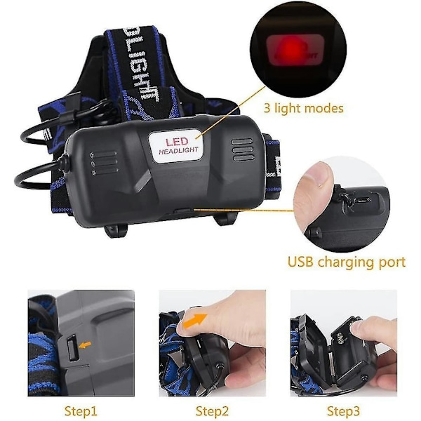 Kraftig og oppladbar LED-hodelykt med 3 LED-hodelyktmoduser for fiske, sykling, fotturer, løping og camping