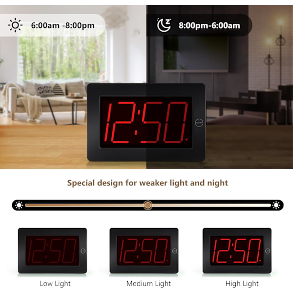LED Digital Veggklokke Batteridrevet - Stor Digital Klokke med Display, Justerbar Lysstyrke, Vegg- eller Bordmontering Svart-rød