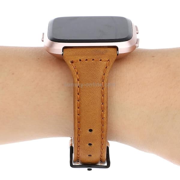 För Fitbit Versa Crazy Horse Texture Watch i äkta läder Light Brown