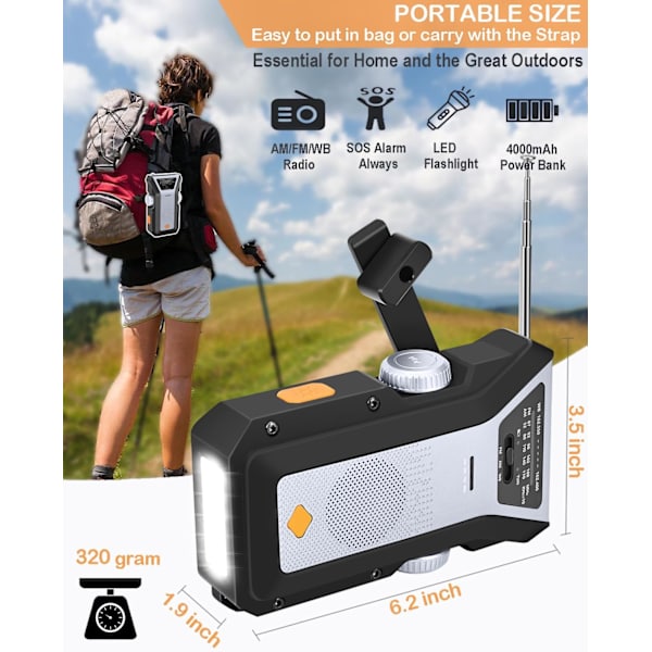 Hätäkäsiradio 4000 mAh Kannettava aurinko AM/FM/NOAA-sääradio SOS-hälytyksellä, LED-taskulampulla/hopea