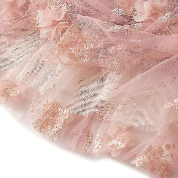 Lång Tutu-kjol i tyll för kvinnor 3d-blombroderi Enfärgad midi- mesh med hög midja Pink