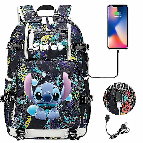 Lilo og Stitch Skole Tasker Kapacitet Rygsække Drenge Piger Usb Opladning Rejse Stor Laptop College Studerende Skole Taske Rygsæk photo color14