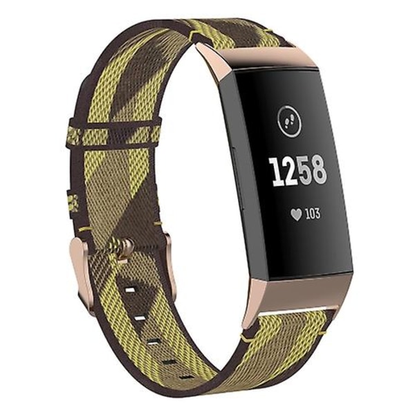 For Fitbit Charge 4 / Charge 3 Se rustfritt stål hode korn Nylon denim erstatningsrem klokkerem Yellow Stripe