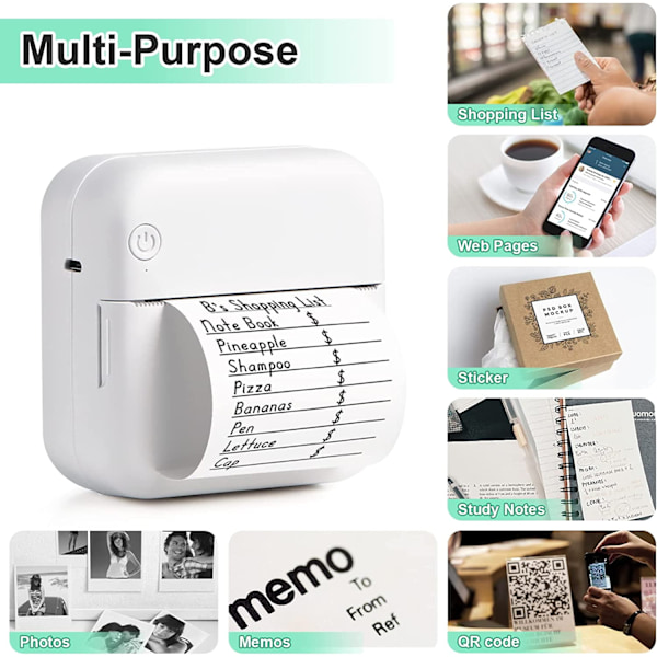 Mini Bluetooth-printer til noter, beskeder, fotos, leveres med 3 ruller farvet papir og 5 farvede penne Grøn
