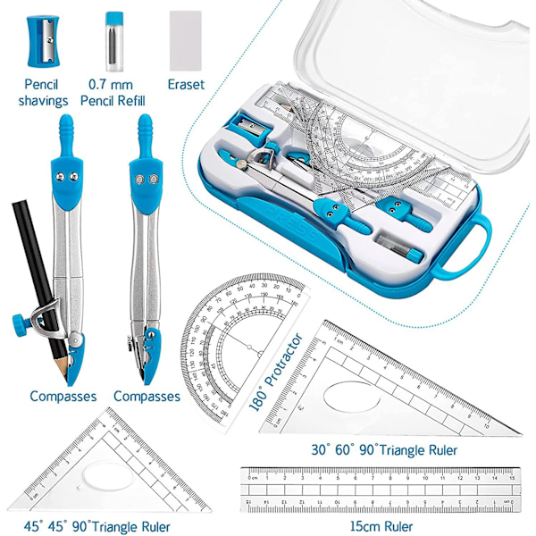 10 delar geometri matte tillbehör kit inklusive passare, gradskiva, linjal, suddgummi, penna, blyertsrefill, pennvässare, förvaringslåda för ritning och mätning