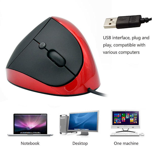 Trådbunden vertikal mus, liten ergonomisk mus med hög precision optisk möss med justerbar känslighet 800/1200 /1600 Dpi, 6 knappar, för små händer red