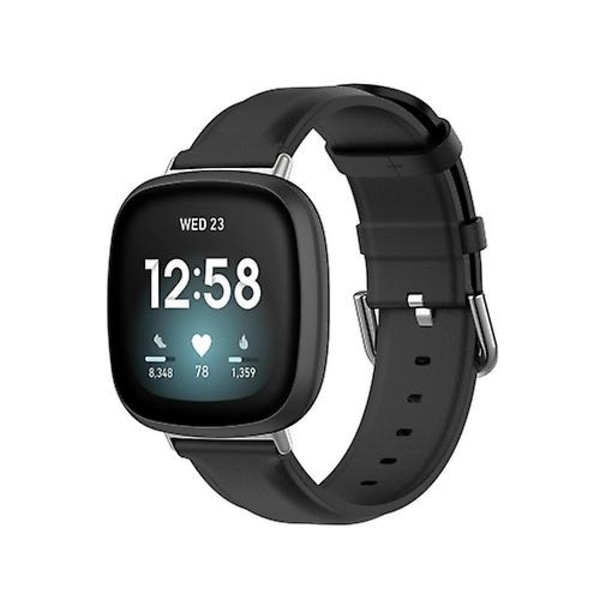 För Fitbit Versa 4 / Sense 2 watch i äkta läder Black