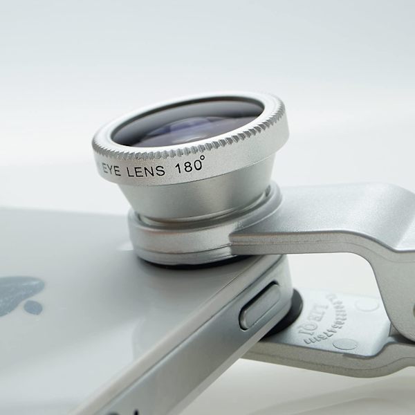 Universal 3-i-1-mobilkameraobjektivsats för smartphones inklusive - Fish Eye-objektiv / 2-i-1 makroobjektiv & vidvinkelobjektiv/ universal /bärväska silver