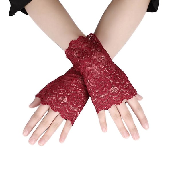 Kvinnor ihåliga handskar Bröllopsfest Brudvantar Sheer Mesh fingerlösa handskar Red wine