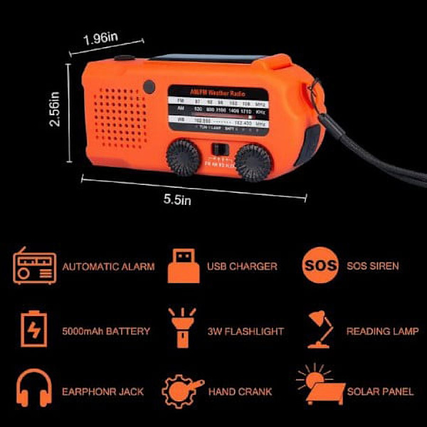 Solar Emergency Hand Crank Radio 5000mAh, med læselampe, LED lommelygte, SOS Alarm
