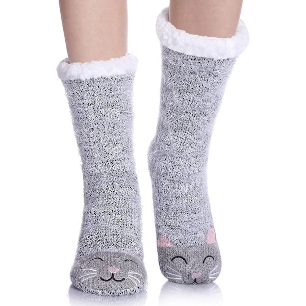 Halkfria Toffelsockor för Kvinnor Mjuka Luddiga Bekväma Grepp Vinter Varma Djur grey