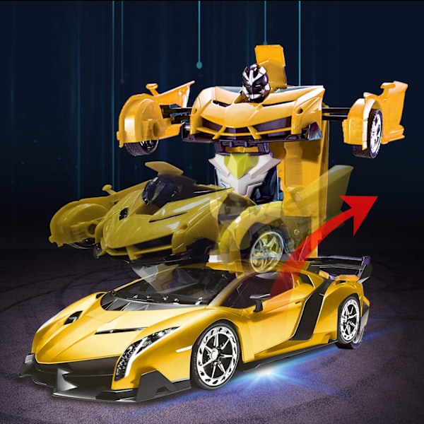 Kauko-ohjattava muuntautuva auto robottilelu 2.4Ghz 1:18 ladattava 360° pyörivä temppukilpailu keltainen