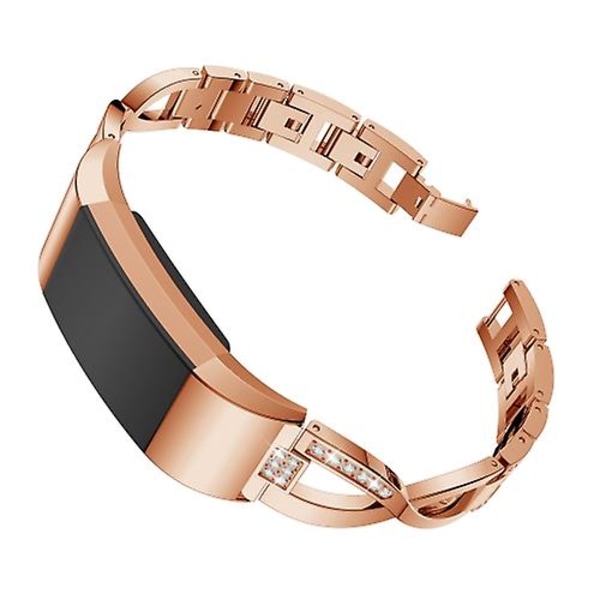 X-formad watch i massivt rostfritt stål med diamanter för Fitbit Charge 2 Rose Gold