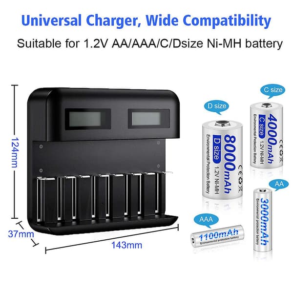 Universal batterilader med 2800mah Aa-batteri x 8 høy kapasitet