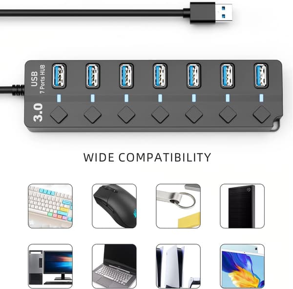 7 Port USB 3.0 Hub Extender med Individuel On/Off til Laptop, Surface Pro