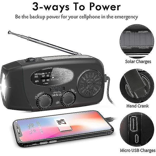 Vevradio med solceller, ficklampa och 2000 mah Powerbank Sos Black