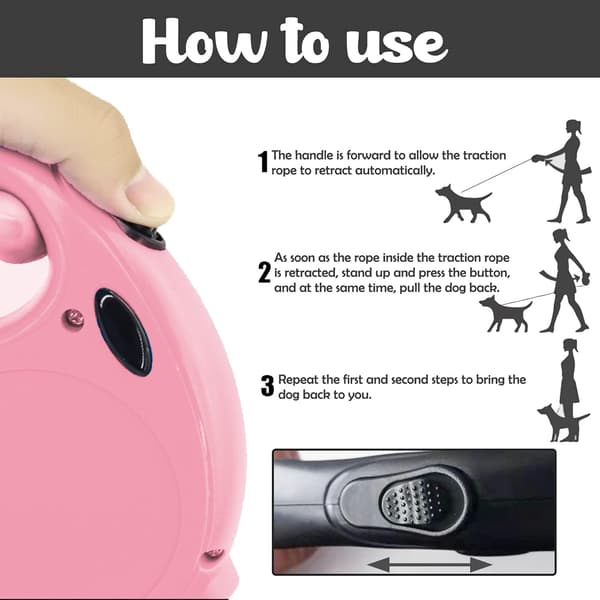 Hundkoppel, Ergonomiskt handtag automatiskt infällbart hundkoppel, rosa/5M