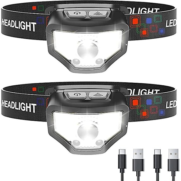 Uppladdningsbar pannlampa, 2 paket med 1200 lumen Super ljus vit och röd led pannlampa ficklampa, 12 lägen, rörelsesensor, vattentät, utomhusfiske
